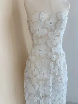 Кружевная ткань с нашивками из белого бисера длиной 1 ярд с аппликацией в виде 3D жемчужных цветов для бального платья, свадебного платья, одежды от кутюр, для вечеринок