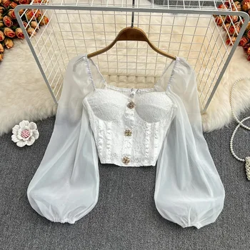 Кружевной белый Элегантный укороченный топ, блузка, женские топы с длинным рукавом и открытыми плечами, футболка с подкладкой, роскошная дизайнерская одежда 2023 Года, новинка