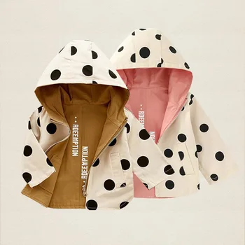 Куртка для мальчиков и девочек, детская одежда 2023, Весенне-осенняя уличная ветровка, двустороннее пальто с принтом в горошек, детский костюм