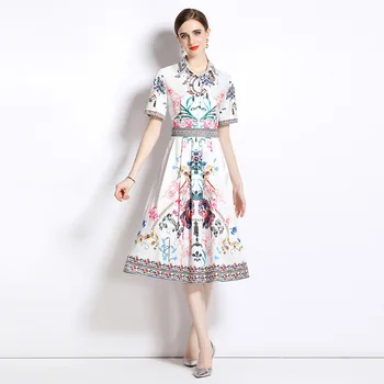 Летнее женское платье с короткими рукавами, отворотом на талии, Трапециевидное платье-рубашка с принтом, модные элегантные платья средней длины для женщин