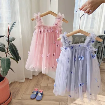 Летнее платье 2023 для маленьких девочек, сетчатые платья-пачки с 3D бабочками, детское платье принцессы для дня рождения, детская праздничная одежда