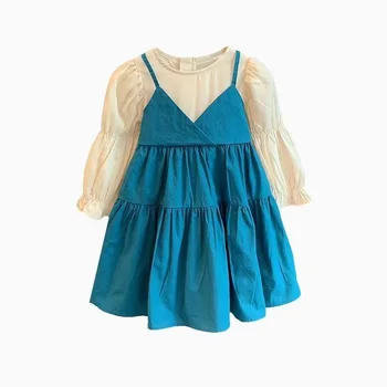 Летнее платье для девочек, детская простота, круглый вырез, плиссированные платья Миди с коротким/длинным рукавом в стиле пэчворк, поддельные платья-слинги Миди из двух частей