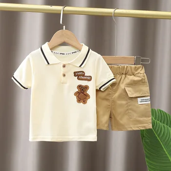 Летние костюмы для мальчиков 2023, детская одежда, спортивный костюм, комплекты для маленьких мальчиков, рубашка поло из двух предметов с лацканами и коротким рукавом + шорты, наряды
