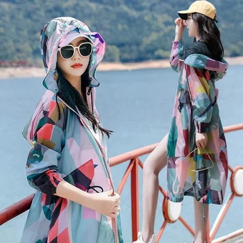 Летняя женская солнцезащитная одежда, Новая куртка с защитой от ультрафиолета, Дышащее Корейское тонкое длинное пальто, верхняя одежда-ветровка