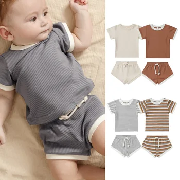 Наряды для маленьких девочек, Новые летние комплекты одежды для малышей, Полосатые футболки с короткими рукавами для мальчиков, Шорты, хлопковый костюм-двойка Для младенцев, повседневный