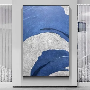 Настенная абстрактная картина маслом ручной работы, бело-голубая, минималистичная, современная, на холсте, декоративная для гостиной, без рамы