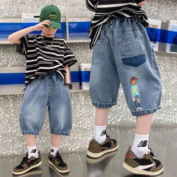 Новые хлопковые джинсы для подростков, короткие прямые брюки 120-170 см, джинсовые шорты для мальчиков, Летние повседневные брюки для мальчиков с буквенным принтом