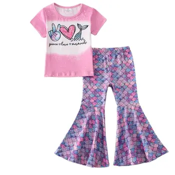 Оптовая продажа детской одежды бутик для девочек костюм из рыбьей чешуи технология окрашивания галстуком милый комплект расклешенные брюки костюм для девочек летний комплект для девочек