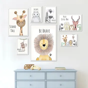Плакат с изображением милых мультяшных животных на холсте, Зебра, бегемот, обезьяна, Лев, декоративная живопись для детской, художественная картина для домашнего декора в детской комнате