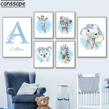 Плакат с синим цветком, художественная печать на холсте с изображением слона и животного, плакат для детской комнаты, Скандинавский Декор стен, декор комнаты для мальчиков