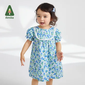 Платье для маленьких девочек Amila, новинка лета 2023, 100% хлопок, французские романтические и элегантные платья с цветочным рисунком и рукавами-пузырями, детская одежда
