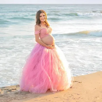 Розовые платья-двойки для фотосессии беременных, сексуальные платья с открытыми плечами, пышная Длинная юбка из тюля Платье для фотосессии беременных Дешево