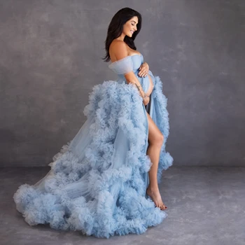 Светло-голубое Очень пушистое тюлевое платье для беременных для фотосъемки С открытыми плечами, Многоуровневые платья для беременных, открытые спереди, пышные