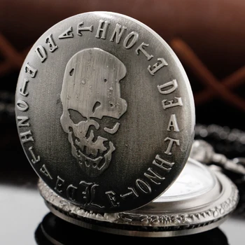 Серые Кварцевые карманные часы с 3D резьбой в виде Черепа, аниме, часы с цепочкой 