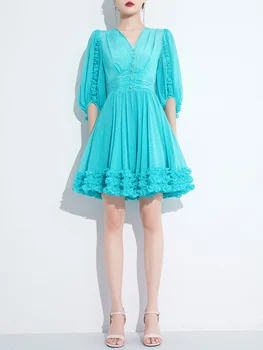 Синее шифоновое платье с текстурным принтом, новое женское летнее платье 2023 года с рукавами-фонариками, V-образным вырезом, приталенное платье средней длины
