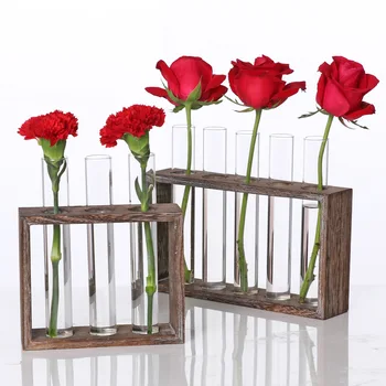 Современная стеклянная ваза для цветов с деревянным держателем, 5 ваз с бутонами для цветов, набор для домашнего декора стола, кухни, ванной комнаты, спальни