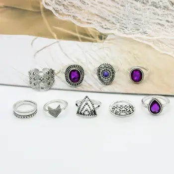 Сплав 9 шт./компл. Креативные кольца для пальцев с искусственным камнем Богемского фиолетового цвета, подарочные резинки для пальцев, изысканные для свидания