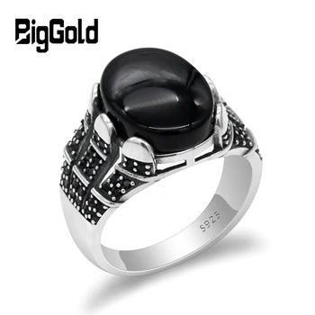 Турецкое черное кольцо из стерлингового серебра 925 пробы, большой натуральный камень оникс, мужское кольцо в винтажном тайском серебряном стиле для мужских и женских украшений