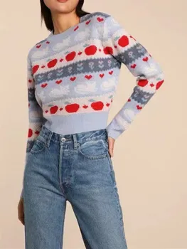 Французский 20222 Осенний женский полушерстяной вязаный свитер с винтажным рисунком, Вязаные крючком трикотажные изделия, женские тонкие пуловеры, универсальные топы