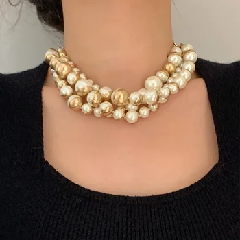 Французское ретро жемчужное ожерелье для женщин, носящих Превосходный дизайн Металлической полукруглой жемчужной многослойной цепочки-ошейника